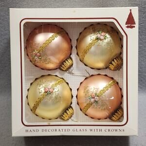 Hand Decorated Glass Christmas Balls Ornaments Peach & Gold x4 By Krebs Vintage